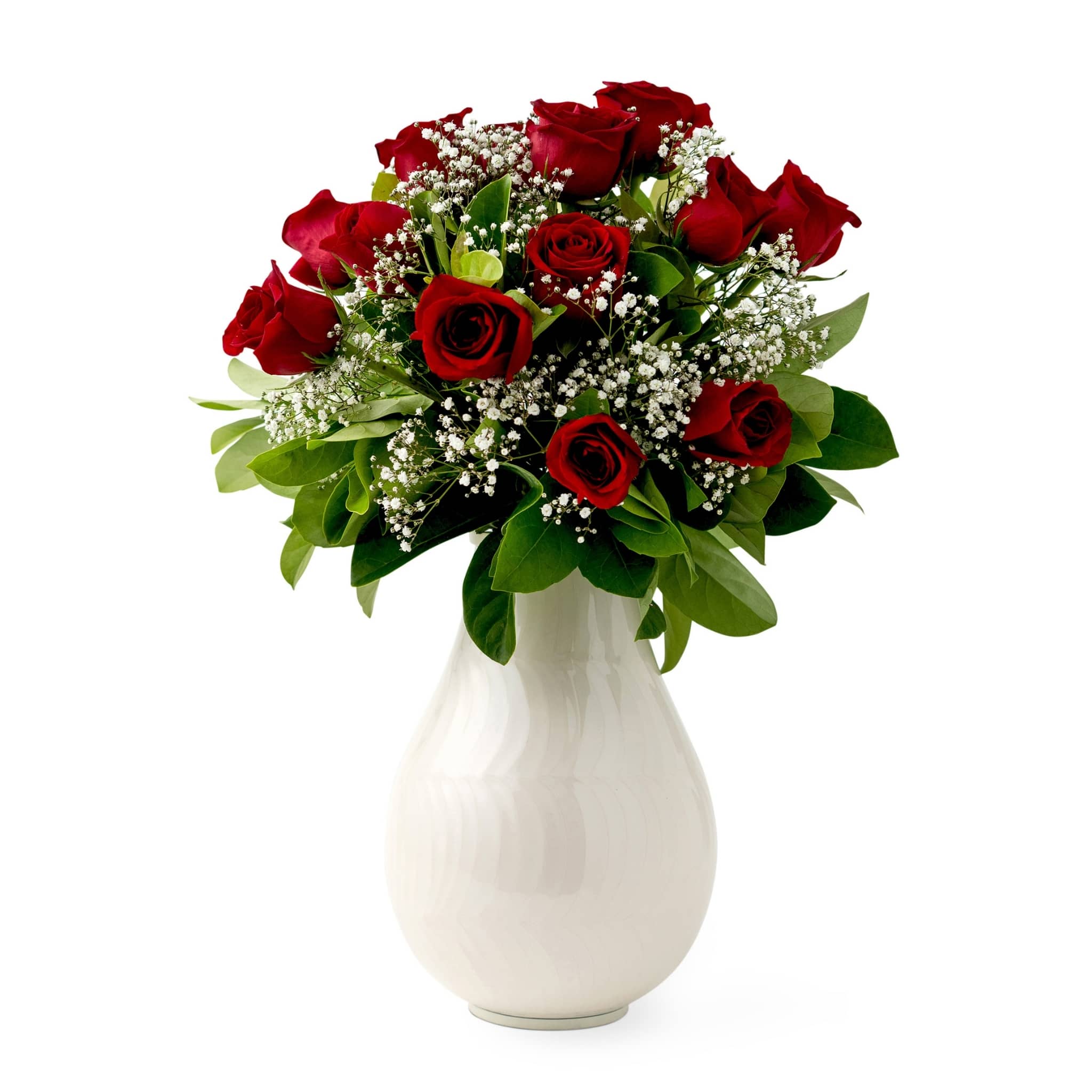 white background product shot of cremation urn for human ashes adult. pearlescent white finish has high shine., Displayed red roses inside the cremation urn for ashes.