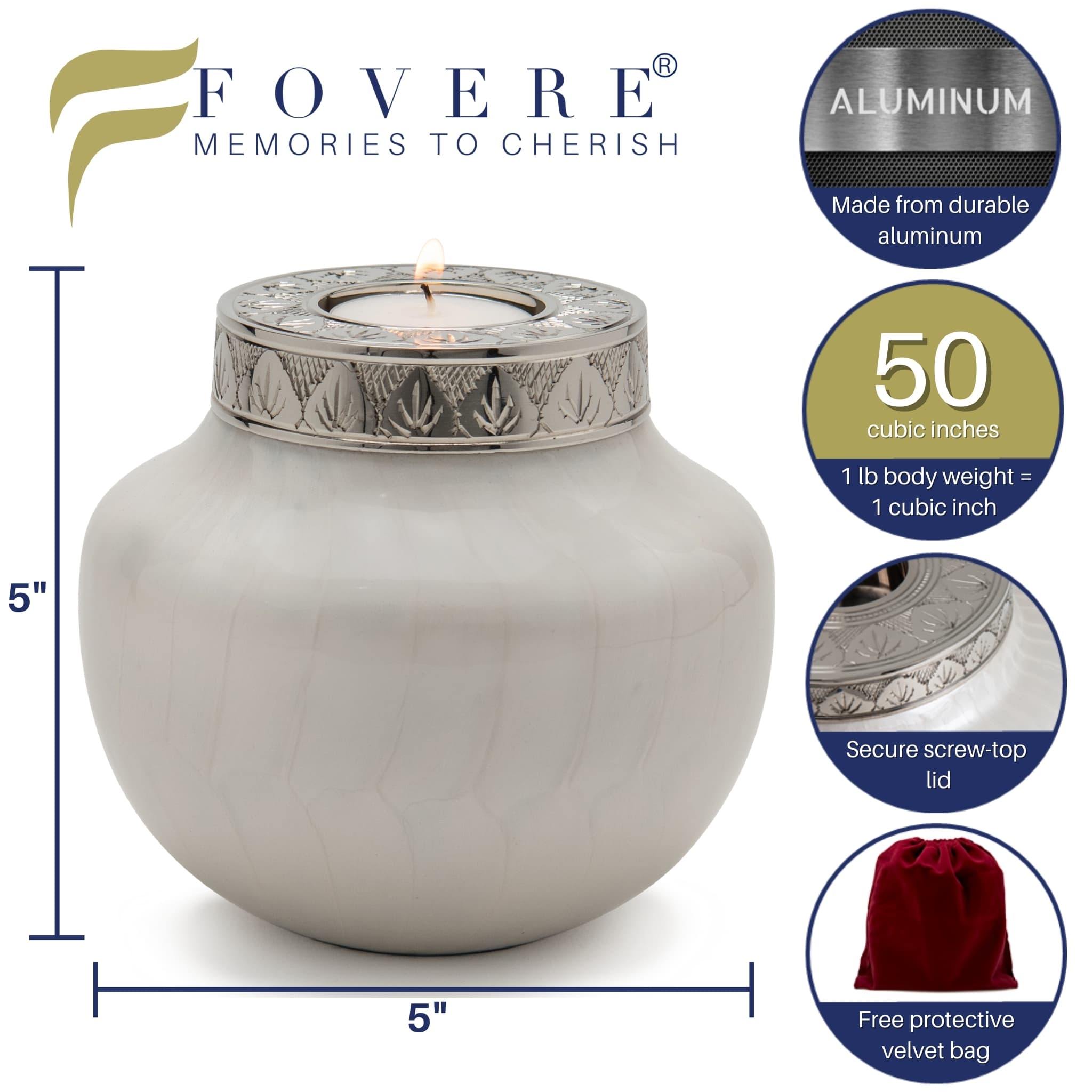 Infographic for Small candle keepsake cremation urn for ashes infographic. Aluminium, 5inches by 5 inches. holds 50 cubic inches. Free protective velvet bag.