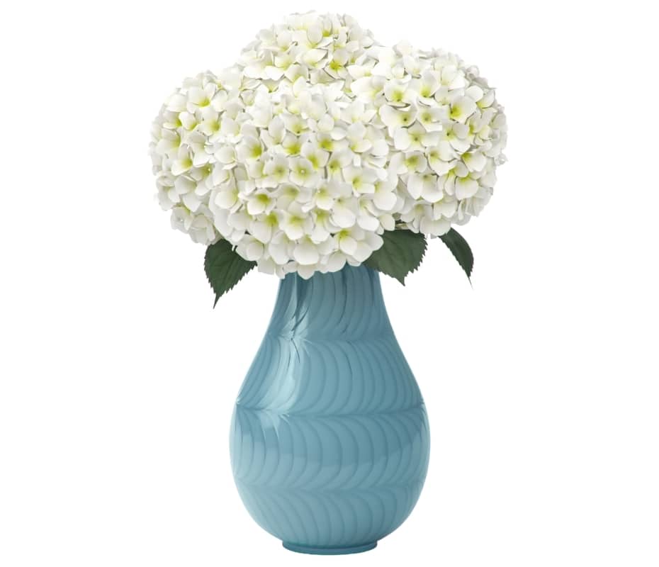Floral urn flower vase urn. Sky blue cremation urn for human ashes with lacquer coating shown with white flora bouquet, green leaves  displayed. Large pearlescent finish memorial vase urn with white background. Standard product image.  240 Cu in ash vase